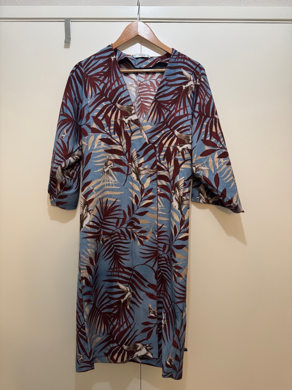 Mango Blue and Burgundy Midi Dress with Leaf and bird Print. Lost belt.